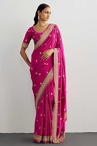 Fuchsia & Purple Brocade Embroidered Saree Set by Ri Ritu Kumar
