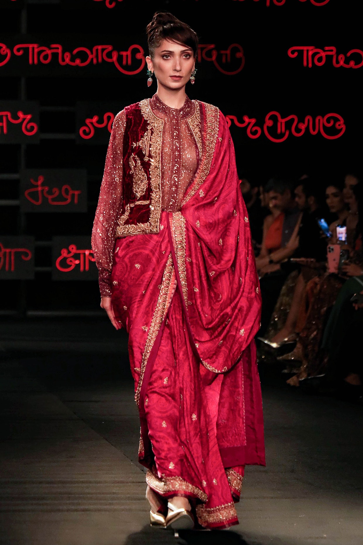 Ri Ritu Kumar Fuchsia Brocade Jamawar Zardosi & Aari Embroidered Jacket Saree Set