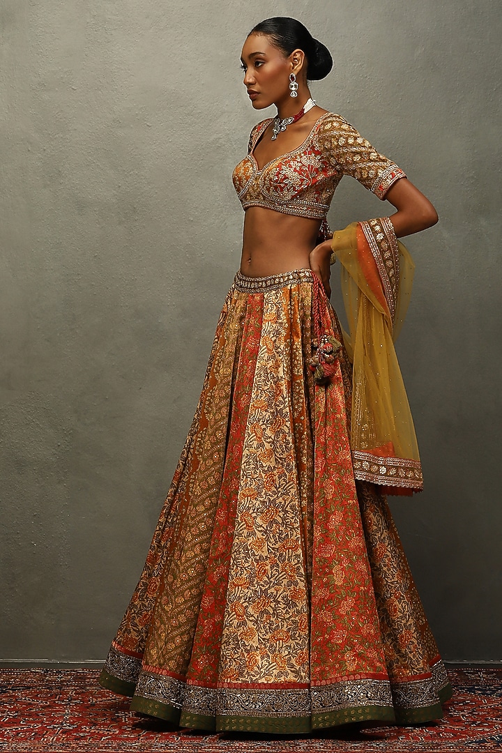 Rust Viscose Printed & Embroidered Wedding Lehenga Set by Ri Ritu Kumar at Pernia's Pop Up Shop