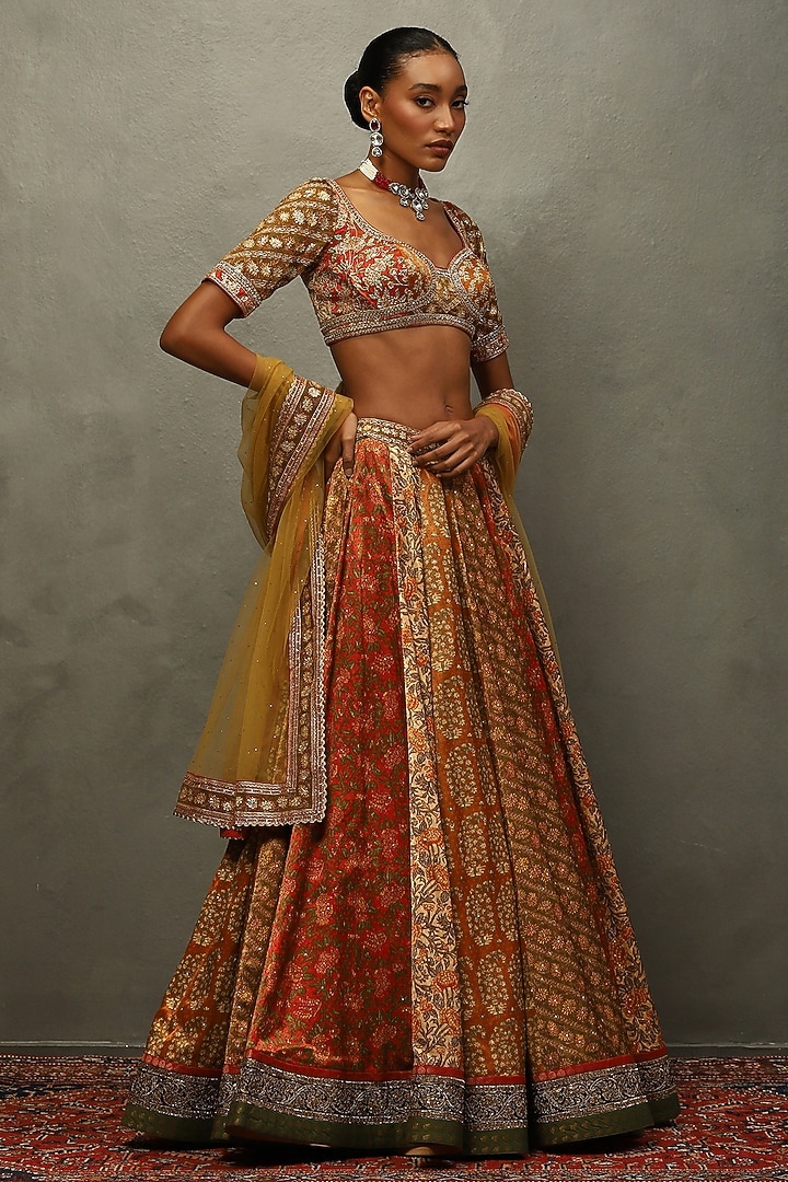 Rust Viscose Printed & Embroidered Wedding Lehenga Set by Ri Ritu Kumar at Pernia's Pop Up Shop