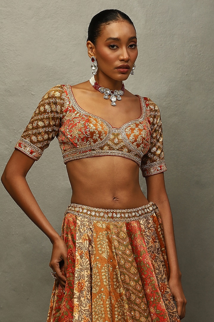 Rust Viscose Printed & Embroidered Wedding Lehenga Set by Ri Ritu Kumar at Pernia's Pop Up Shop