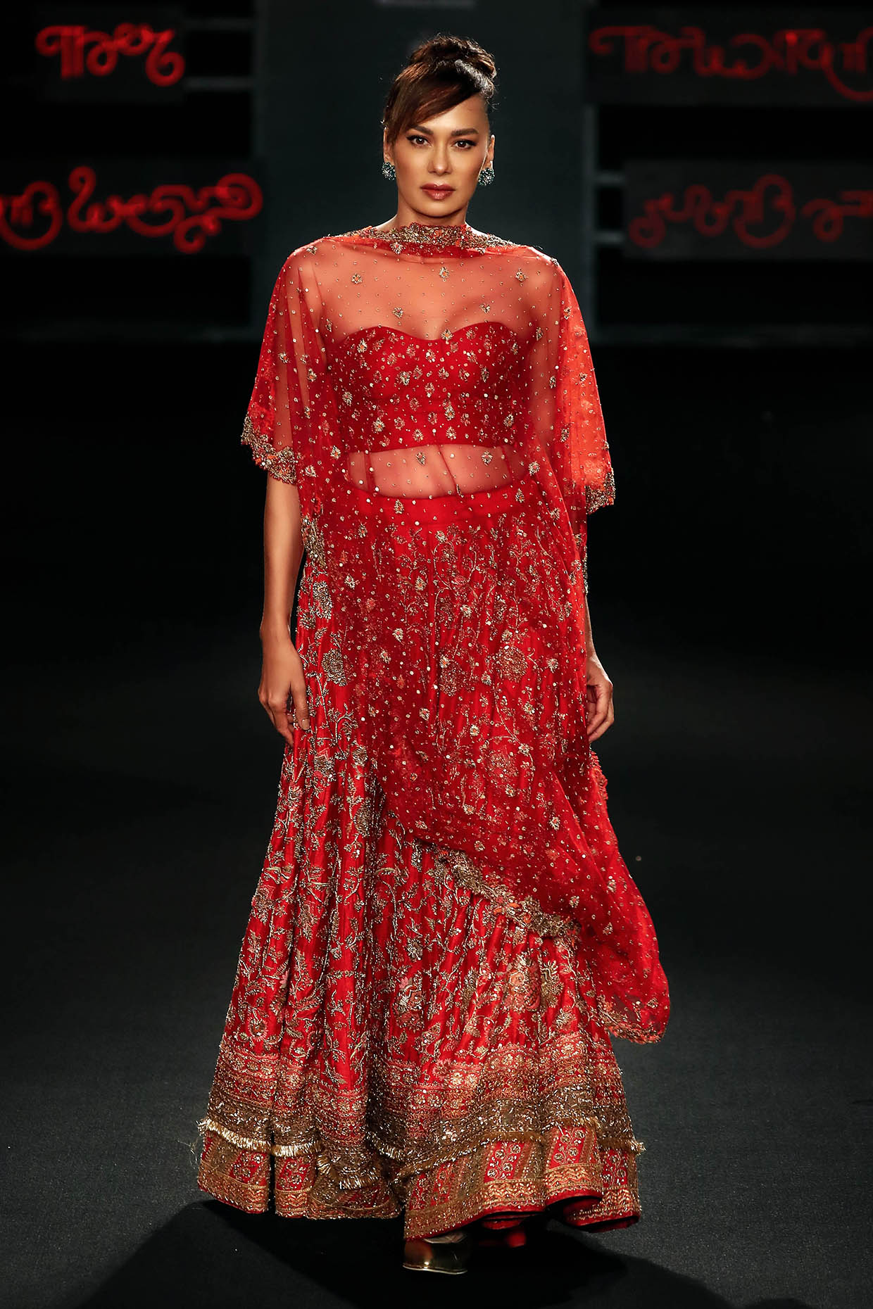 Ri Ritu Kumar Red Silk Dupion Floral Printed & Zardosi Embroidered Lehenga Set