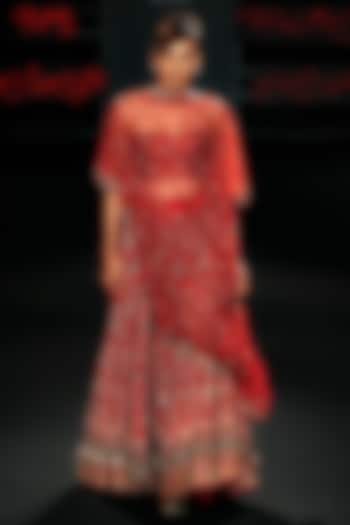 Red Silk Dupion Floral Printed & Zardosi Embroidered Bridal Lehenga Set by Ri Ritu Kumar at Pernia's Pop Up Shop