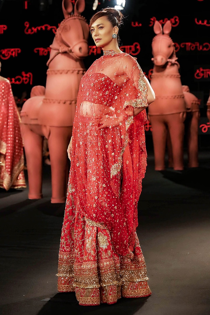 Red Silk Dupion Floral Printed & Zardosi Embroidered Bridal Lehenga Set by Ri Ritu Kumar at Pernia's Pop Up Shop