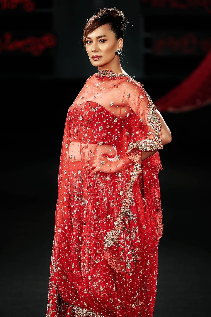 Red Silk Dupion Floral Printed & Zardosi Embroidered Bridal Lehenga Set by Ri Ritu Kumar at Pernia's Pop Up Shop