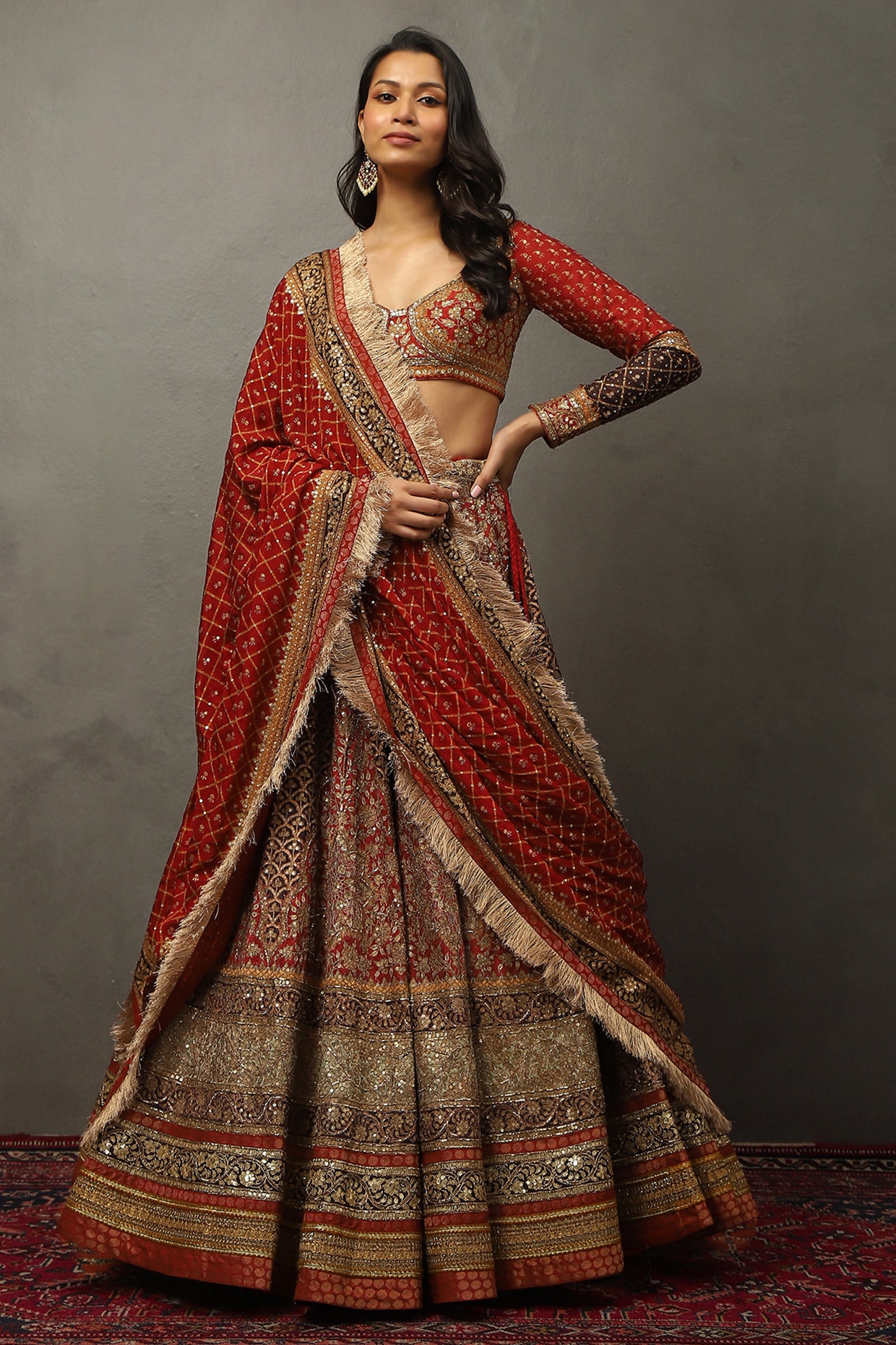 Ri Ritu Kumar Prune Silk Floral Motif & Paisley Printed Lehenga Set