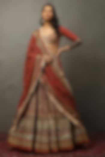Prune Silk Floral Motif & Paisley Printed Bridal Lehenga Set by Ri Ritu Kumar at Pernia's Pop Up Shop