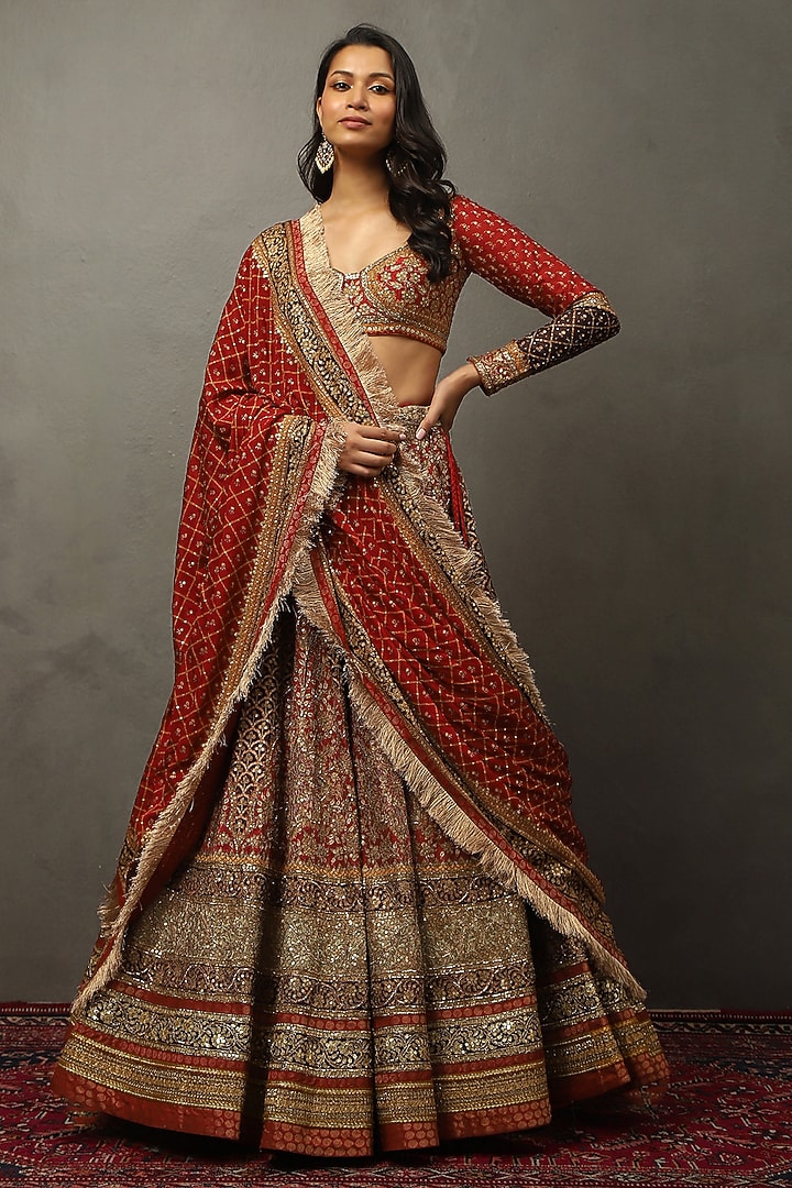Prune Silk Floral Motif & Paisley Printed Bridal Lehenga Set by Ri Ritu Kumar at Pernia's Pop Up Shop
