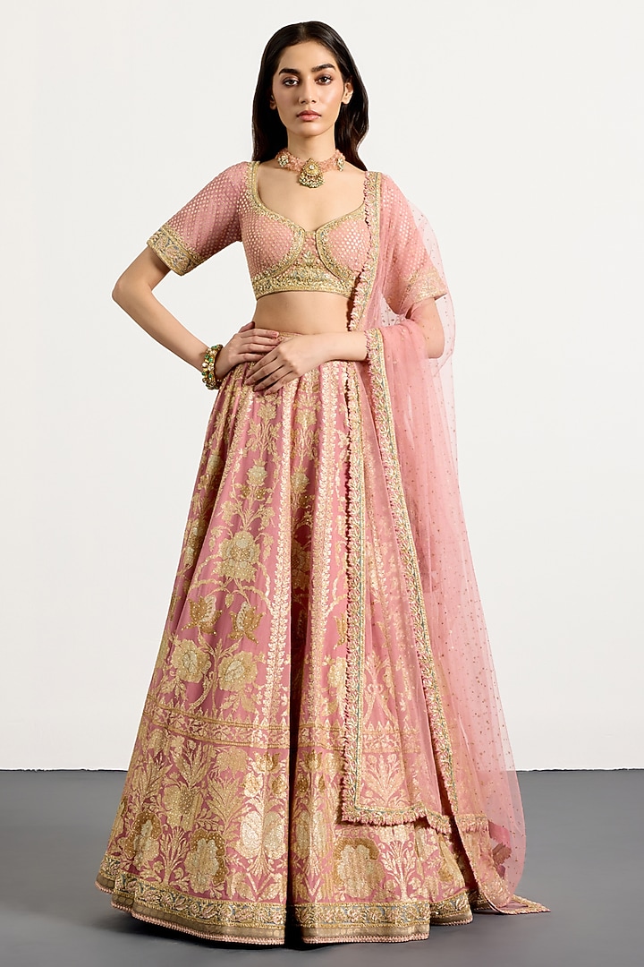 Pastel Pink Silk Zardosi Hand Embellished Bridal Lehenga Set by Ri Ritu Kumar at Pernia's Pop Up Shop
