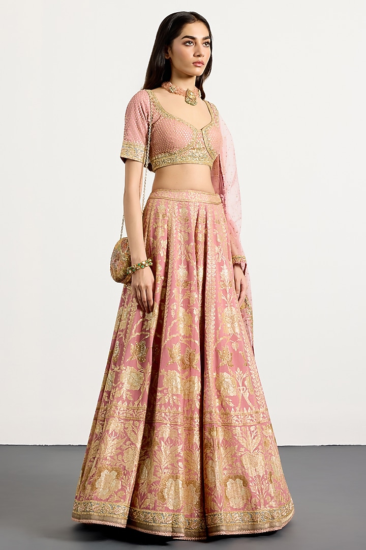 Pastel Pink Silk Zardosi Hand Embellished Bridal Lehenga Set by Ri Ritu Kumar at Pernia's Pop Up Shop