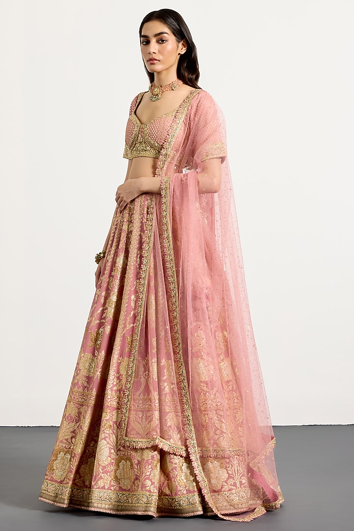 Pastel Pink Silk Zardosi Hand Embellished Bridal Lehenga Set by Ri Ritu Kumar at Pernia's Pop Up Shop