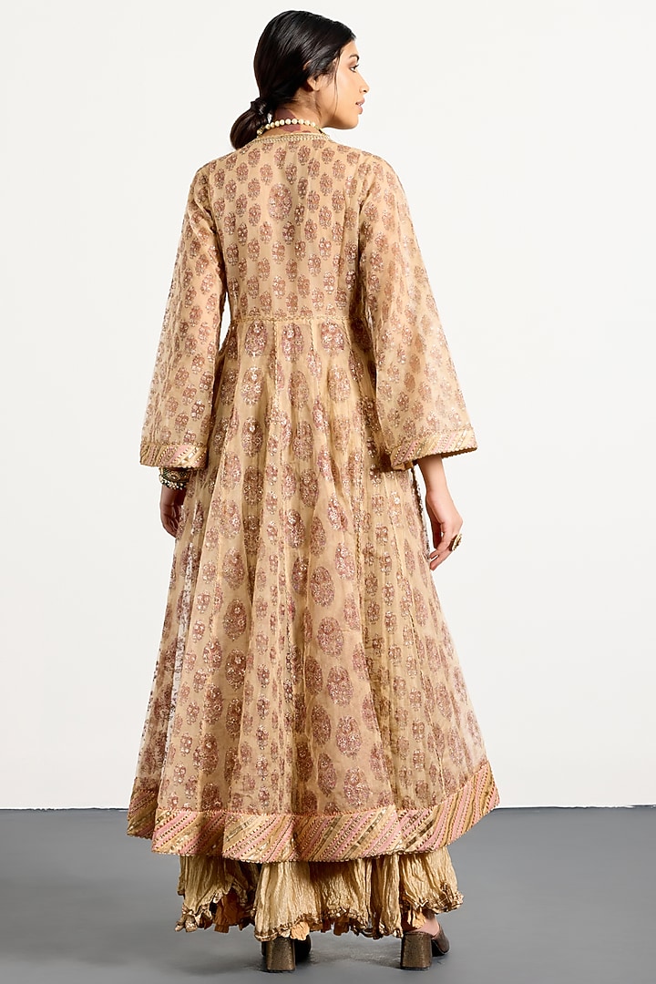 Beige & Pink Silk Organza Kalamkari Printed Kurta Set by Ri Ritu Kumar at Pernia's Pop Up Shop