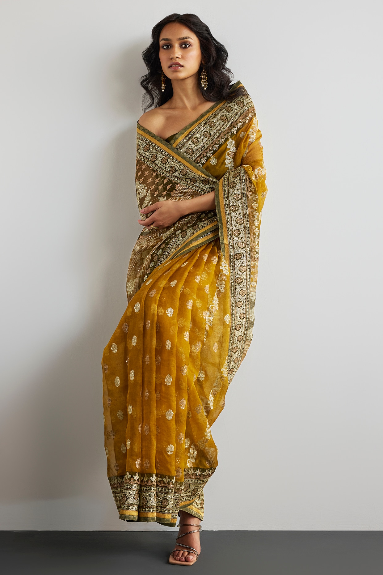 Ri Ritu Kumar Mustard Silk Organza Jamdani Printed Saree Set