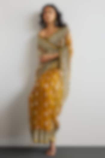 Mustard Silk Organza Floral Printed & Zardosi Embroidered Bridal Saree Set by Ri Ritu Kumar at Pernia's Pop Up Shop