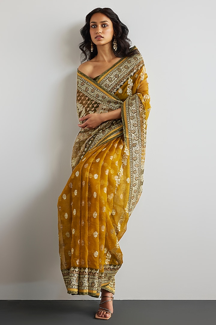Mustard Silk Organza Floral Printed & Zardosi Embroidered Bridal Saree Set by Ri Ritu Kumar at Pernia's Pop Up Shop