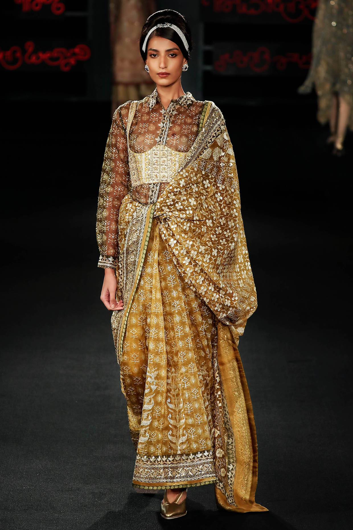 Ri Ritu Kumar Olive Green Silk Organza Floral Printed & Hand Embroidered Draped Saree Set