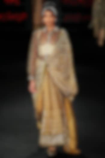 Olive Green Silk Organza Floral Printed & Hand Embroidered Draped Bridal Saree Set by Ri Ritu Kumar at Pernia's Pop Up Shop