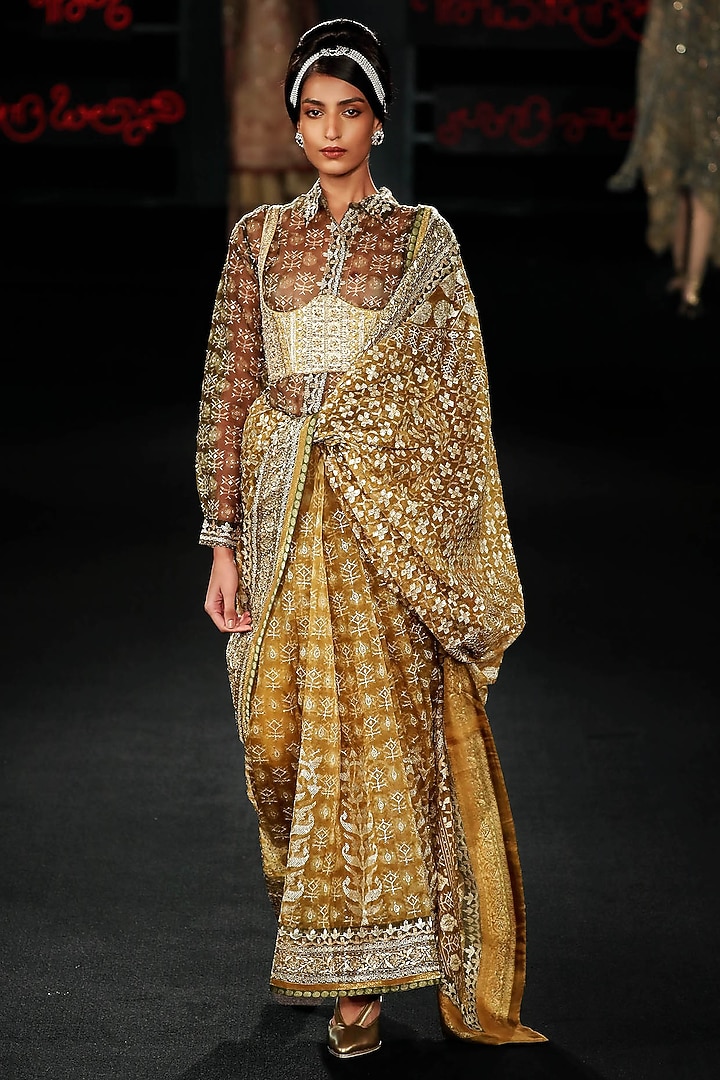 Olive Green Silk Organza Floral Printed & Hand Embroidered Draped Bridal Saree Set by Ri Ritu Kumar at Pernia's Pop Up Shop