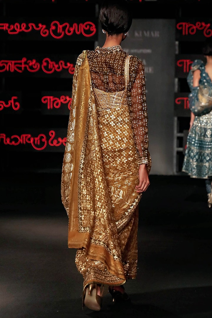 Olive Green Silk Organza Floral Printed & Hand Embroidered Draped Bridal Saree Set by Ri Ritu Kumar at Pernia's Pop Up Shop