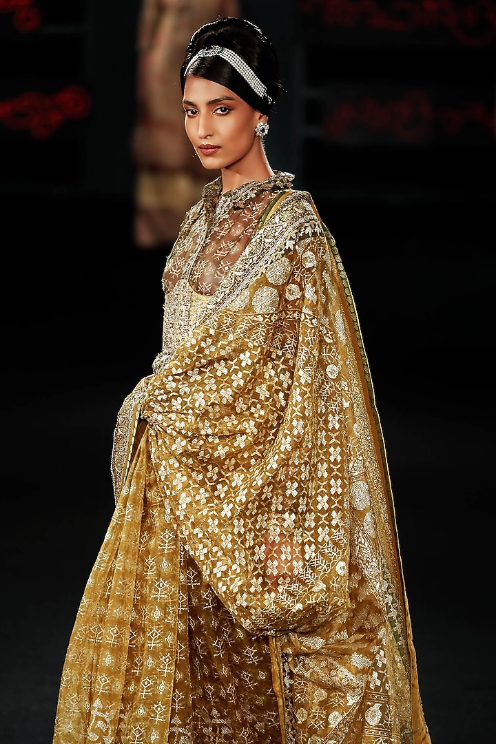 Olive Green Silk Organza Floral Printed & Hand Embroidered Draped Bridal Saree Set by Ri Ritu Kumar at Pernia's Pop Up Shop