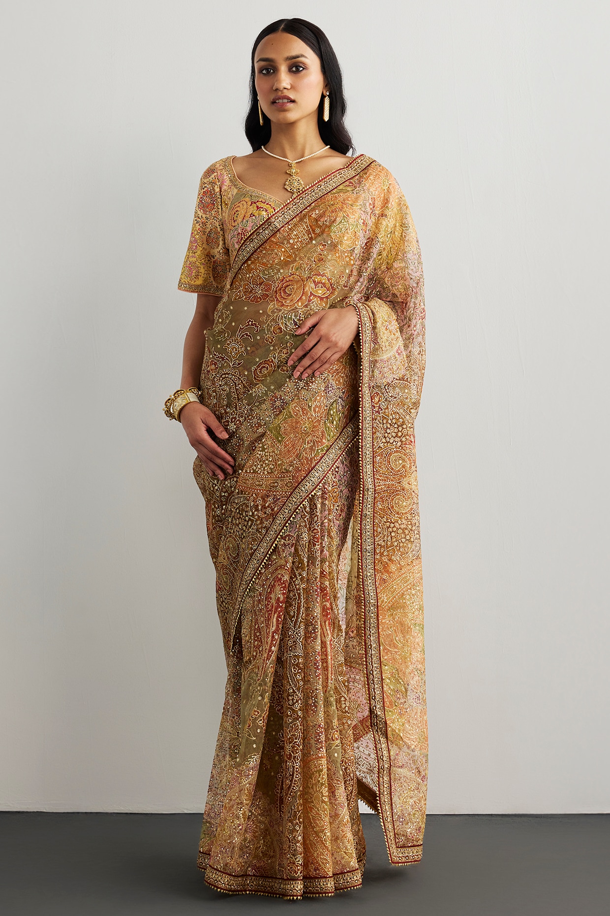 Ri Ritu Kumar Peach Silk Organza Floral Printed & Hand Embroidered Saree Set