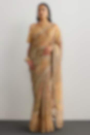 Peach Silk Organza Floral Printed & Hand Embroidered Bridal Saree Set by Ri Ritu Kumar at Pernia's Pop Up Shop