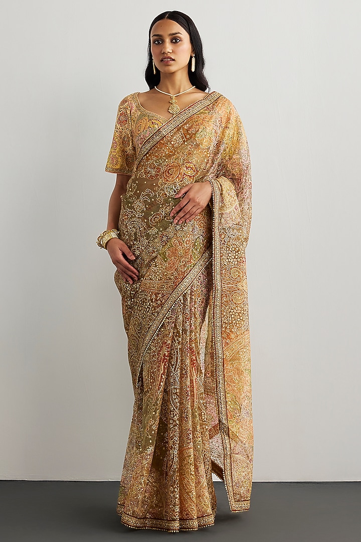 Peach Silk Organza Floral Printed & Hand Embroidered Bridal Saree Set by Ri Ritu Kumar at Pernia's Pop Up Shop