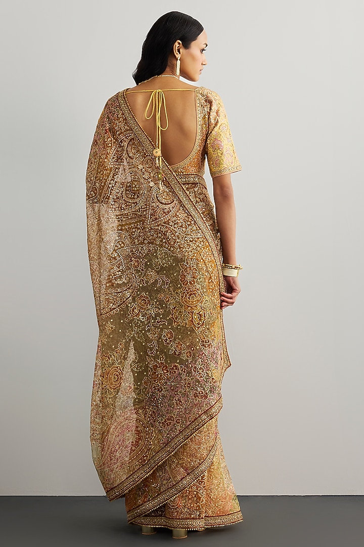 Peach Silk Organza Floral Printed & Hand Embroidered Bridal Saree Set by Ri Ritu Kumar at Pernia's Pop Up Shop