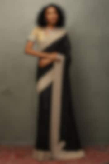 Black & Gold Silk Brocade Zardosi Hand Embroidered Bridal Saree Set by Ri Ritu Kumar at Pernia's Pop Up Shop