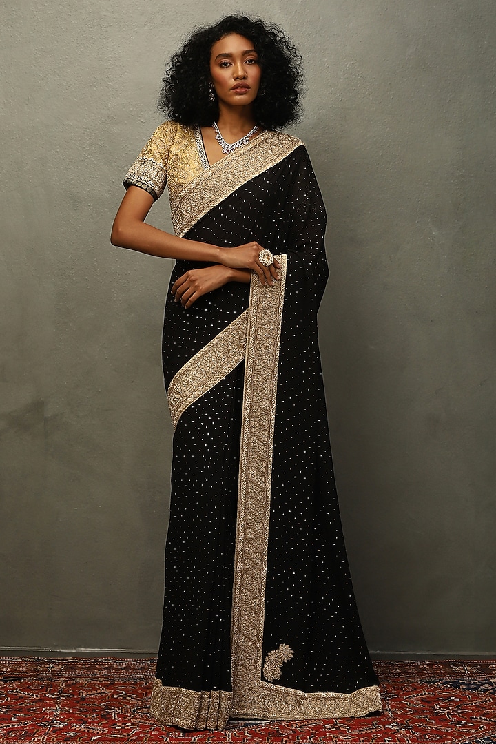 Black & Gold Silk Brocade Zardosi Hand Embroidered Bridal Saree Set by Ri Ritu Kumar at Pernia's Pop Up Shop