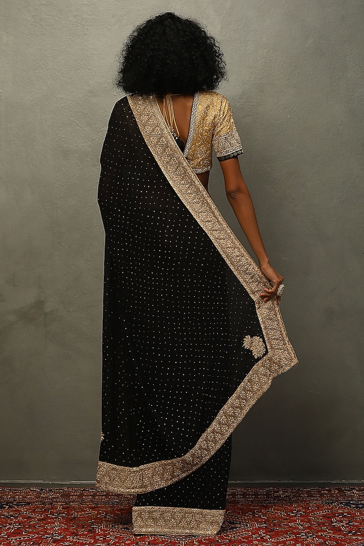 Black & Gold Silk Brocade Zardosi Hand Embroidered Bridal Saree Set by Ri Ritu Kumar at Pernia's Pop Up Shop
