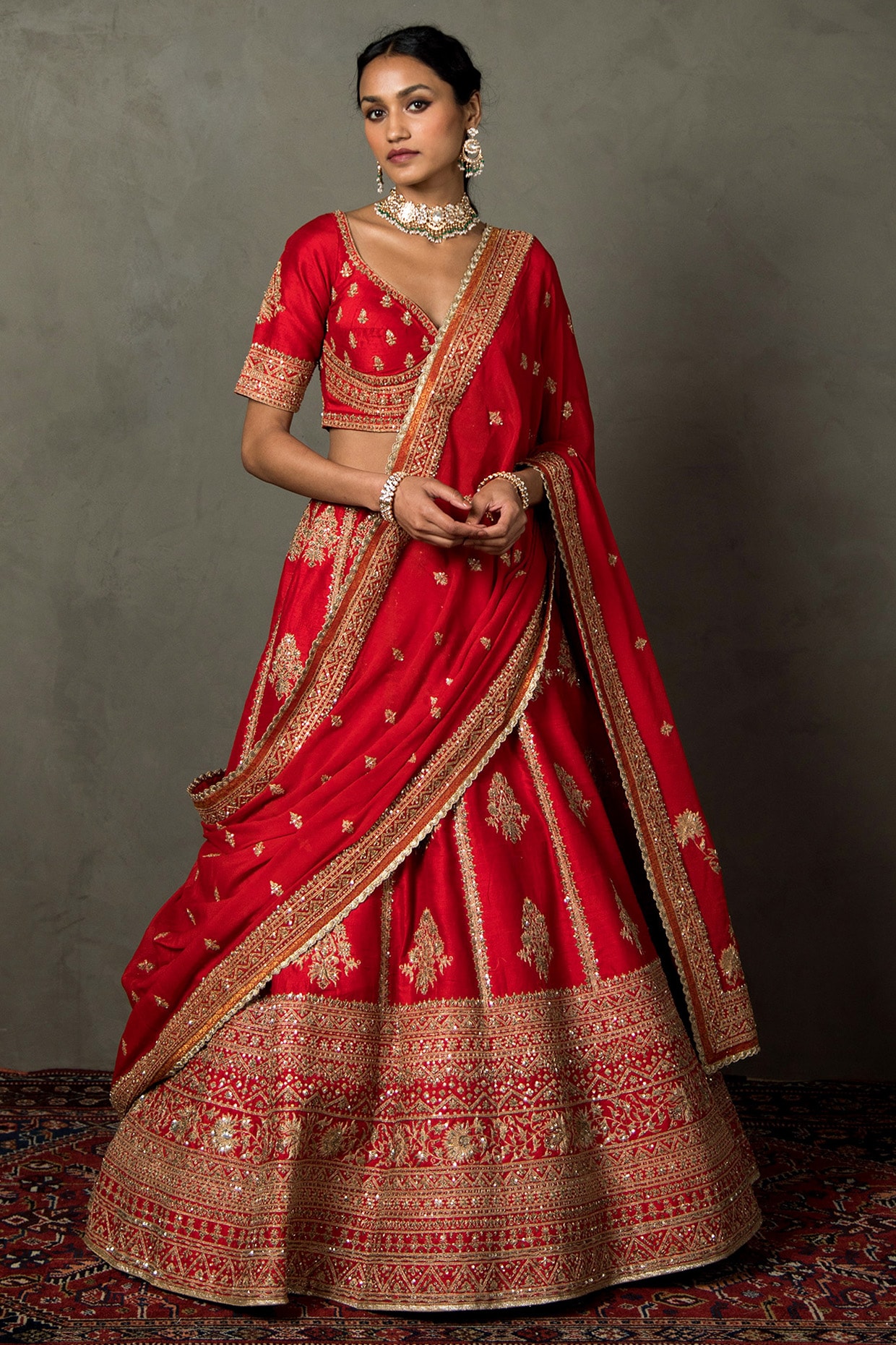 Ri Ritu Kumar Red Silk Dupion Hand & Machine Embroidered Lehenga Set