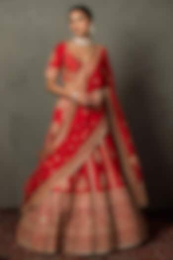 Red Silk Dupion Hand & Machine Embroidered Bridal Lehenga Set by Ri Ritu Kumar at Pernia's Pop Up Shop