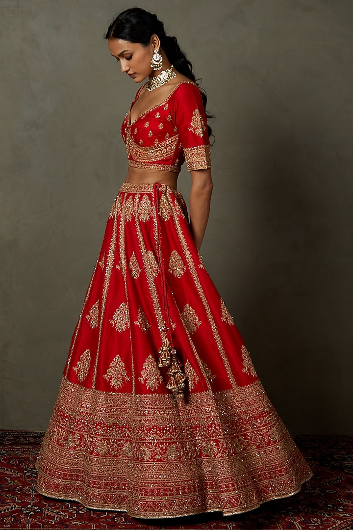 Red Silk Dupion Hand & Machine Embroidered Bridal Lehenga Set by Ri Ritu Kumar at Pernia's Pop Up Shop