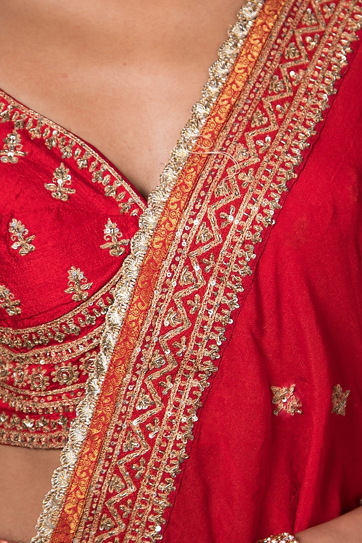 Red Silk Dupion Hand & Machine Embroidered Bridal Lehenga Set by Ri Ritu Kumar at Pernia's Pop Up Shop
