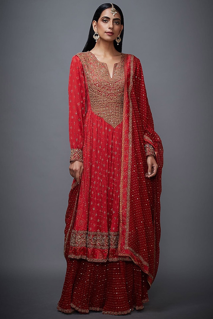 Red & Golden Embroidered Bandhani Kurta Set by Ri Ritu Kumar at Pernia's Pop Up Shop