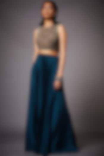 Teal Blue & Beige Skirt Set by Ri Ritu Kumar