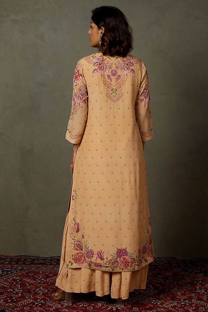 Peach Viscose Floral Printed & Embroidered Gharara Set by Ri Ritu Kumar at Pernia's Pop Up Shop