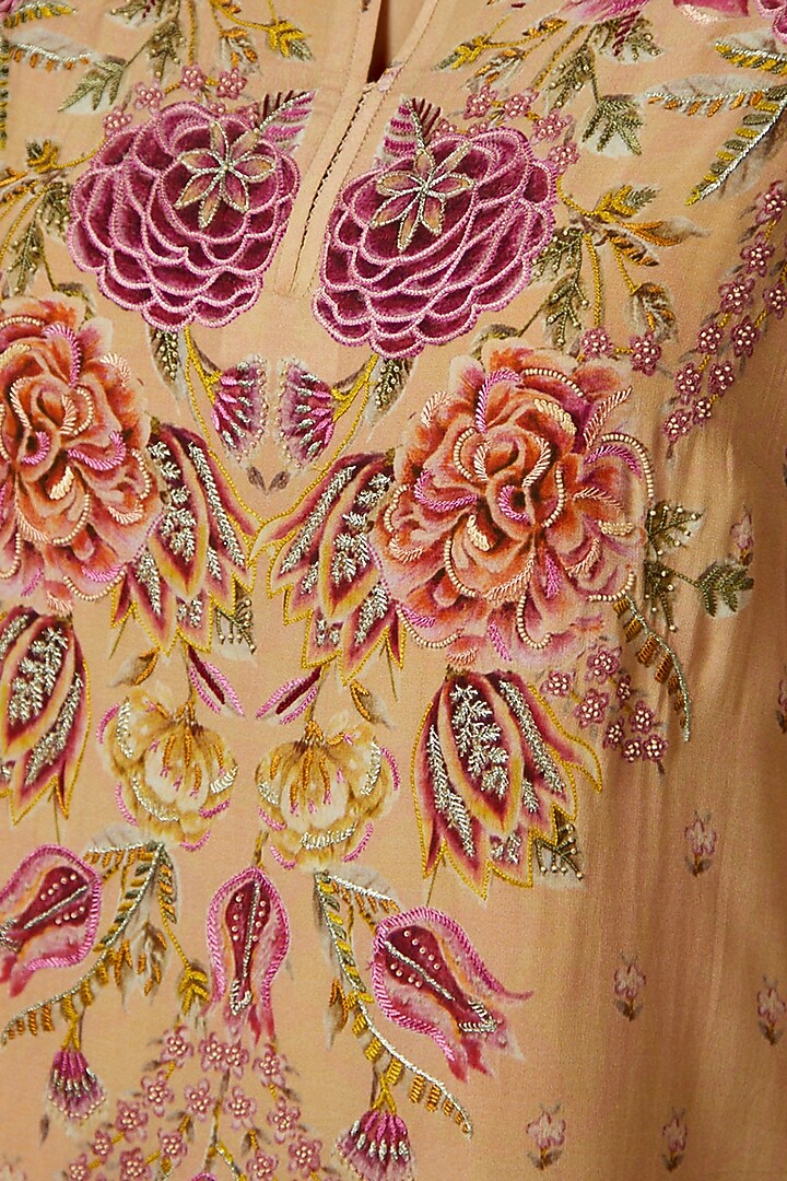 Peach Viscose Floral Printed & Embroidered Gharara Set by Ri Ritu Kumar at Pernia's Pop Up Shop