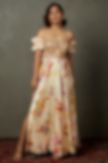 Off-White Floral Printed & Embroidered Gown by Ri Ritu Kumar