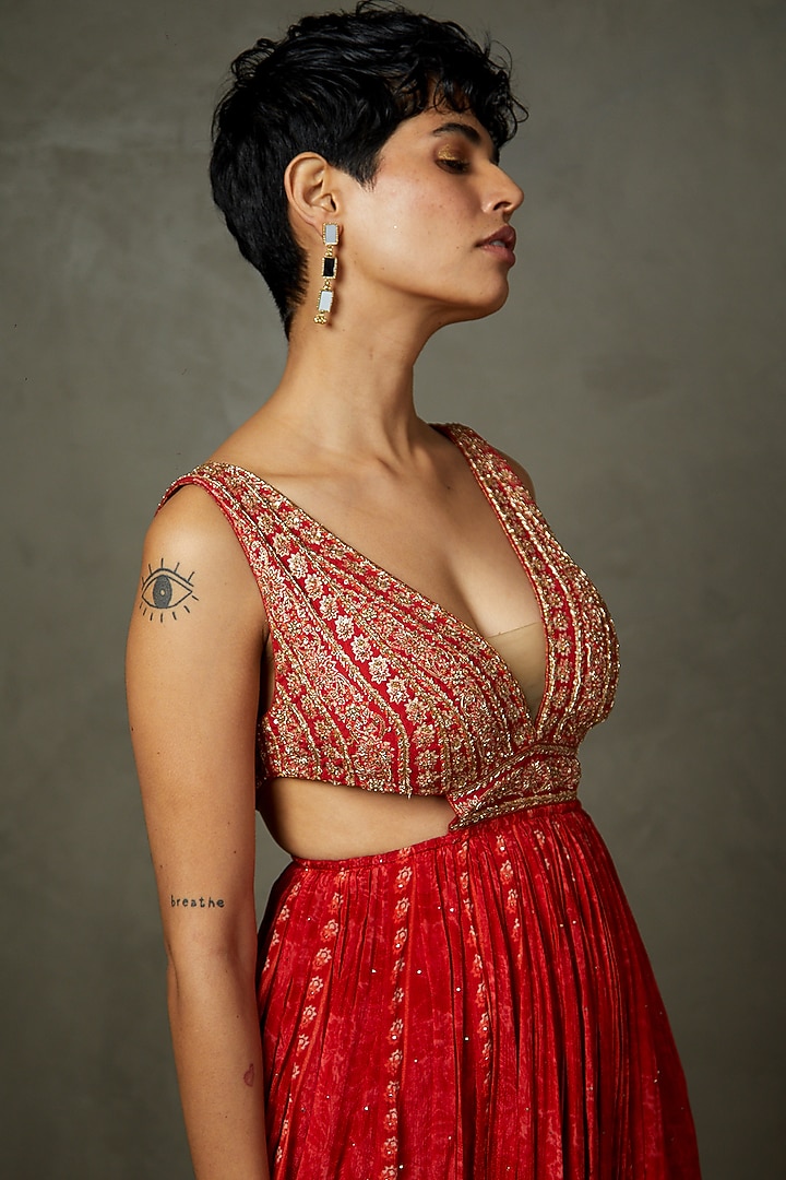 Red Viscose Floral Printed & Embroidered Party Wear Dress by Ri Ritu Kumar at Pernia's Pop Up Shop
