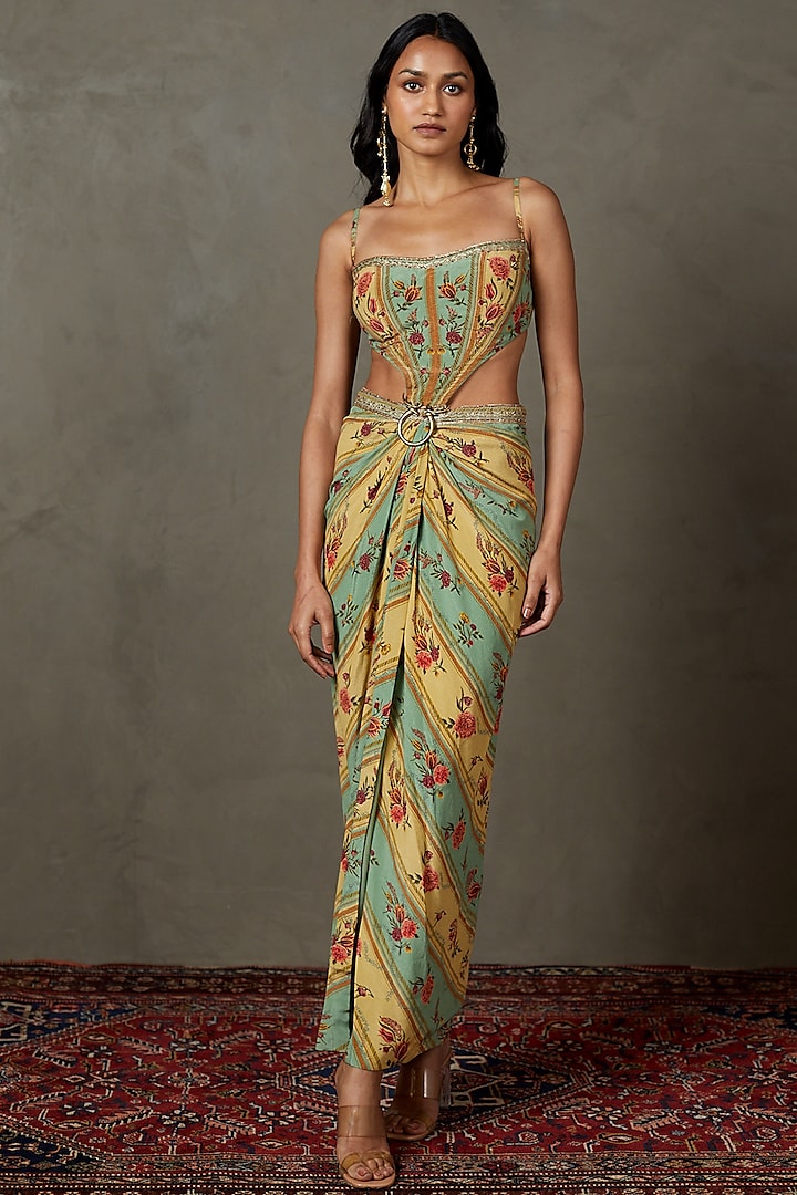 Light Teal Silk Floral Printed & Embroidered Cocktail Dress by Ri Ritu  Kumar at Pernia's Pop Up Shop