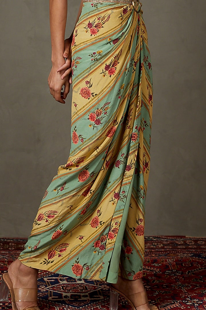 Light Teal Silk Floral Printed & Embroidered Cocktail Dress by Ri Ritu Kumar at Pernia's Pop Up Shop