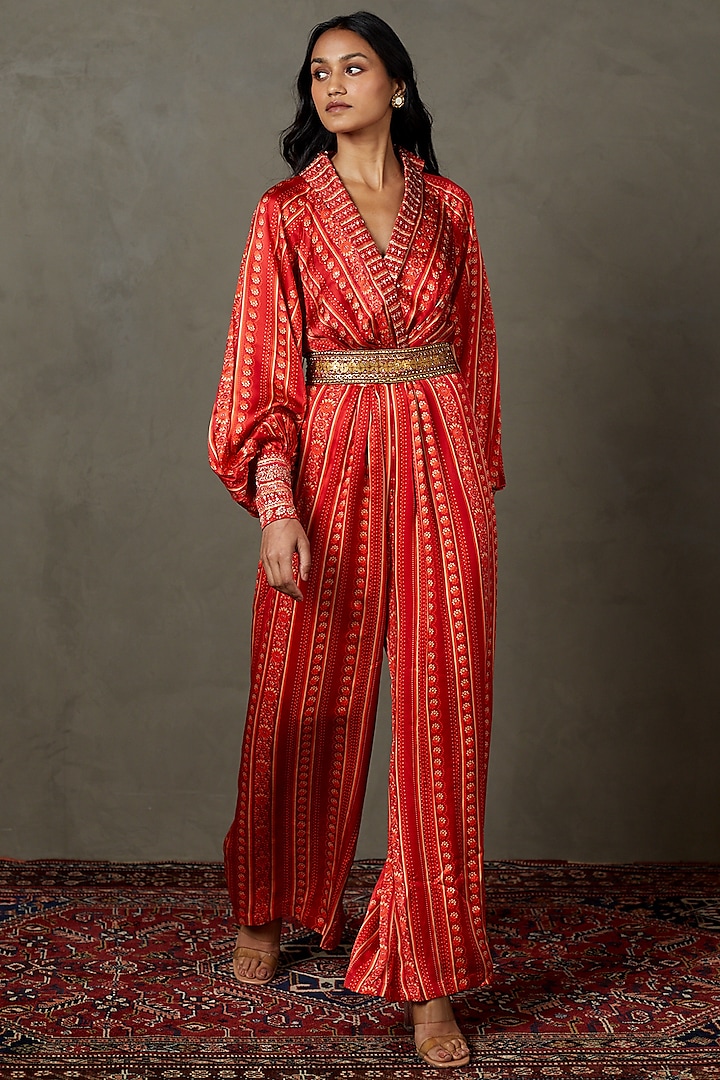 Red Silk & Viscose Printed & Embroidered Jumpsuit by Ri Ritu Kumar