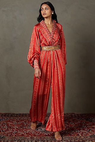 Red Silk & Viscose Printed & Embroidered Jumpsuit by Ri Ritu Kumar