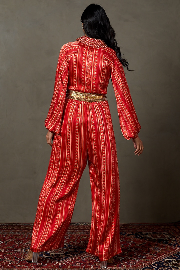 Red Silk & Viscose Printed & Embroidered Jumpsuit by Ri Ritu Kumar at Pernia's Pop Up Shop
