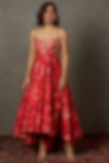 Red Silk & Viscose Printed & Embroidered Dress by Ri Ritu Kumar