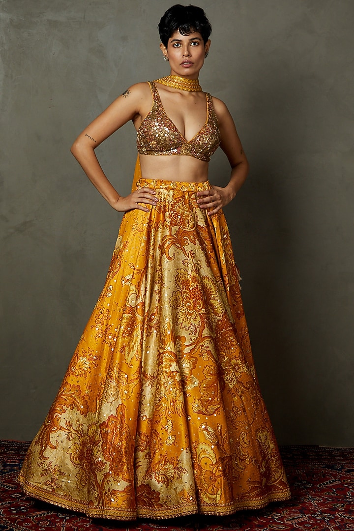 Yellow Ochre Viscose Printed & Embroidered Wedding Lehenga Set by Ri Ritu Kumar at Pernia's Pop Up Shop