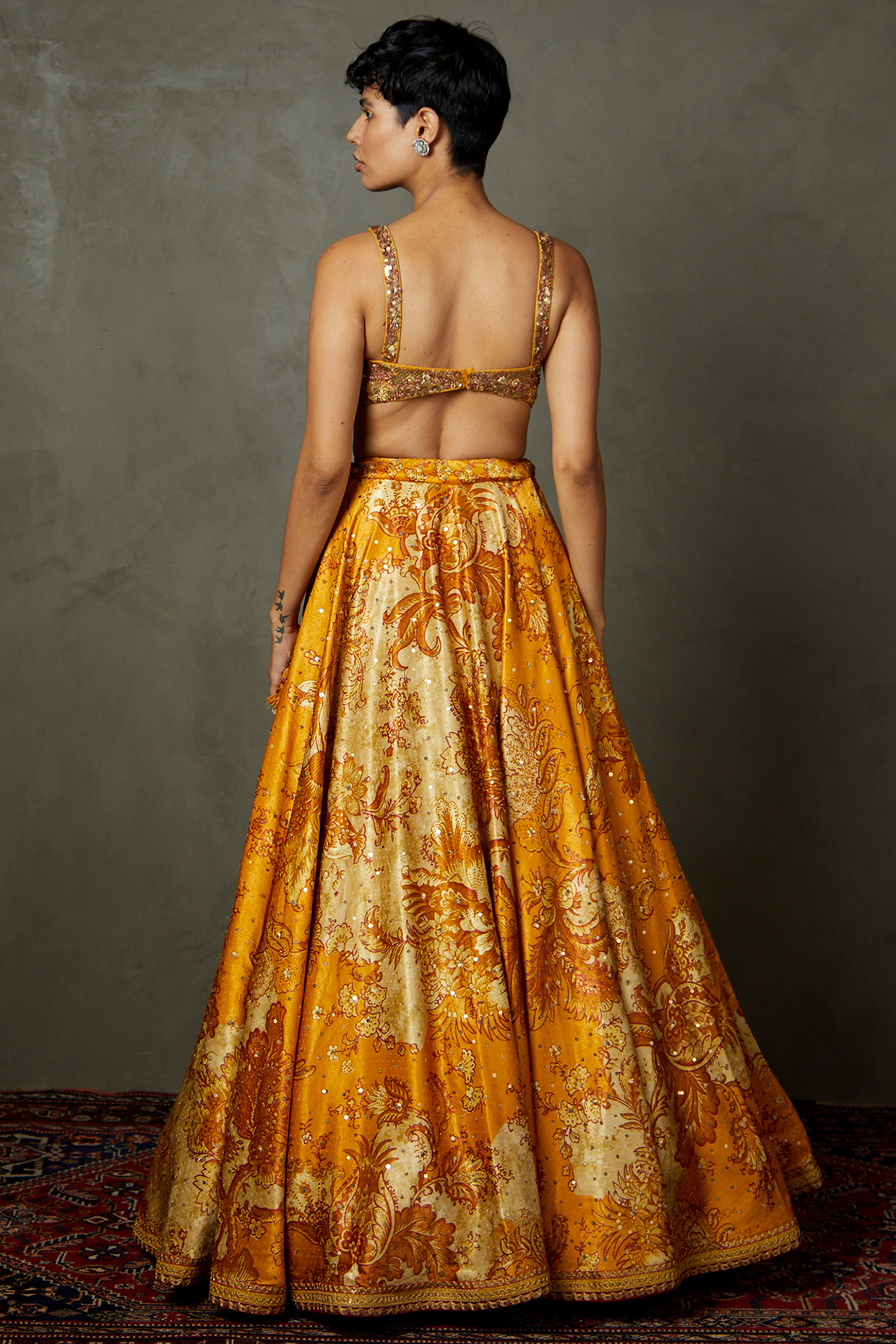 Yellow Ochre Viscose Printed Embroidered Wedding Lehenga Set by Ri Ritu Kumar at Pernia s Pop Up Shop 2024