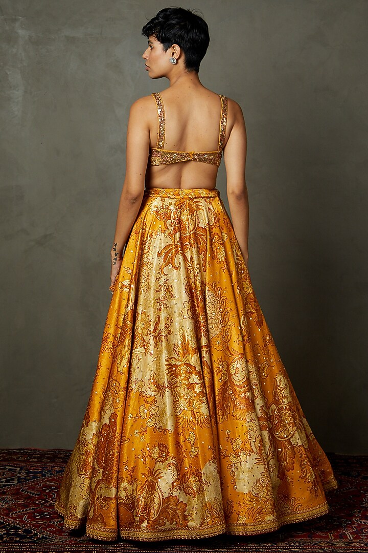 Yellow Ochre Viscose Printed & Embroidered Wedding Lehenga Set by Ri Ritu Kumar at Pernia's Pop Up Shop